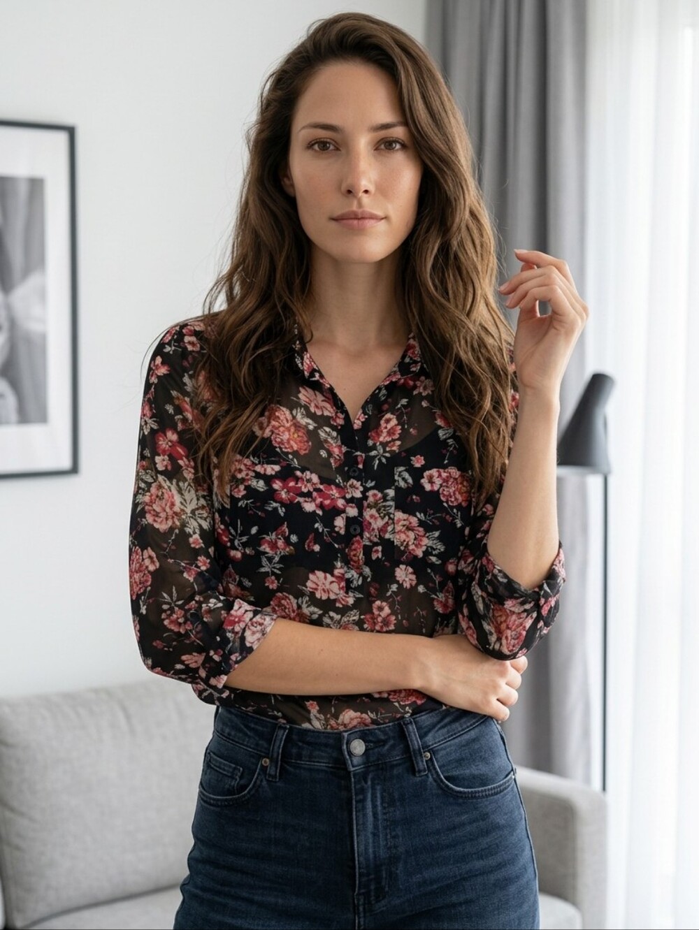 Wet Seal Sheer Floral 3/4 Sleeve Half Button Blouse Size S